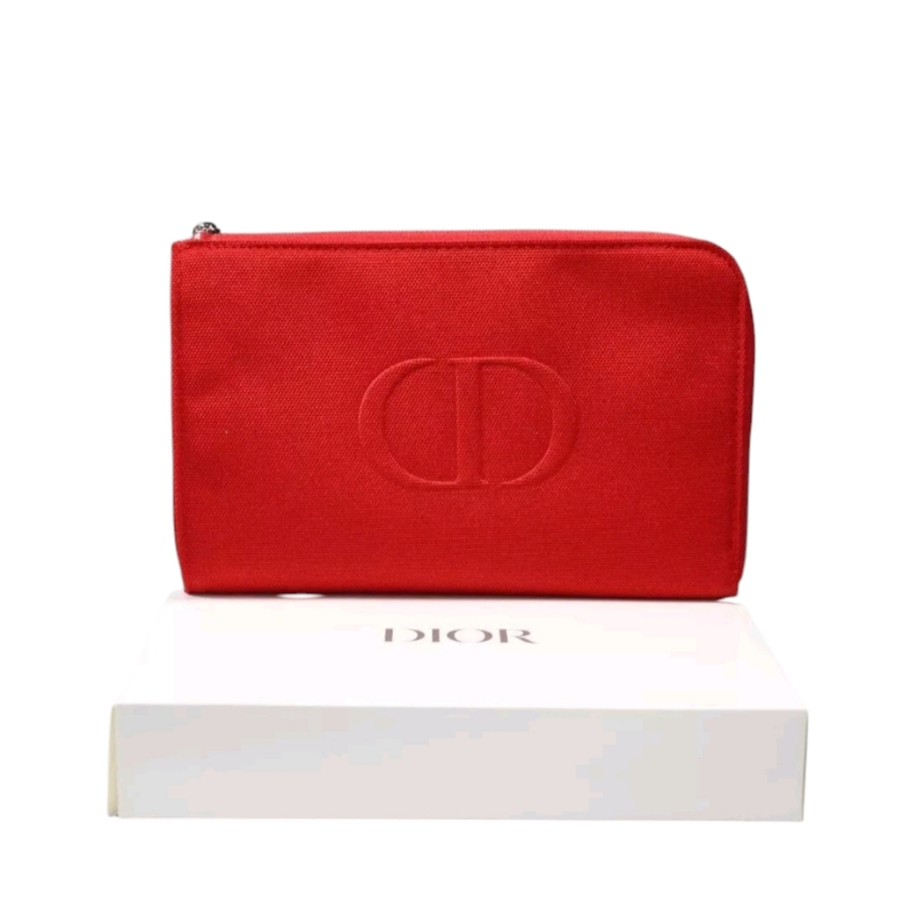 Dior Red Canva Pouch Silver Logo Zip NIB‎